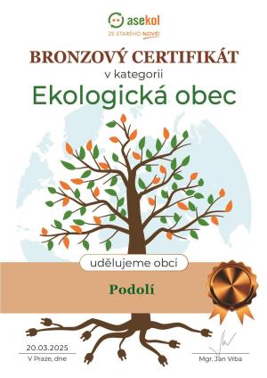 Ocenění za úspěch naší obce v oblasti ekologie: Získali jsme bronzový certifikát Ekologická obec 1