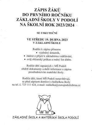 Zápis žáků do 1. ročníku ZŠ v Podolí